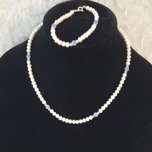 Cultured Pearl Necklace and Bracelet Set in White and Gray